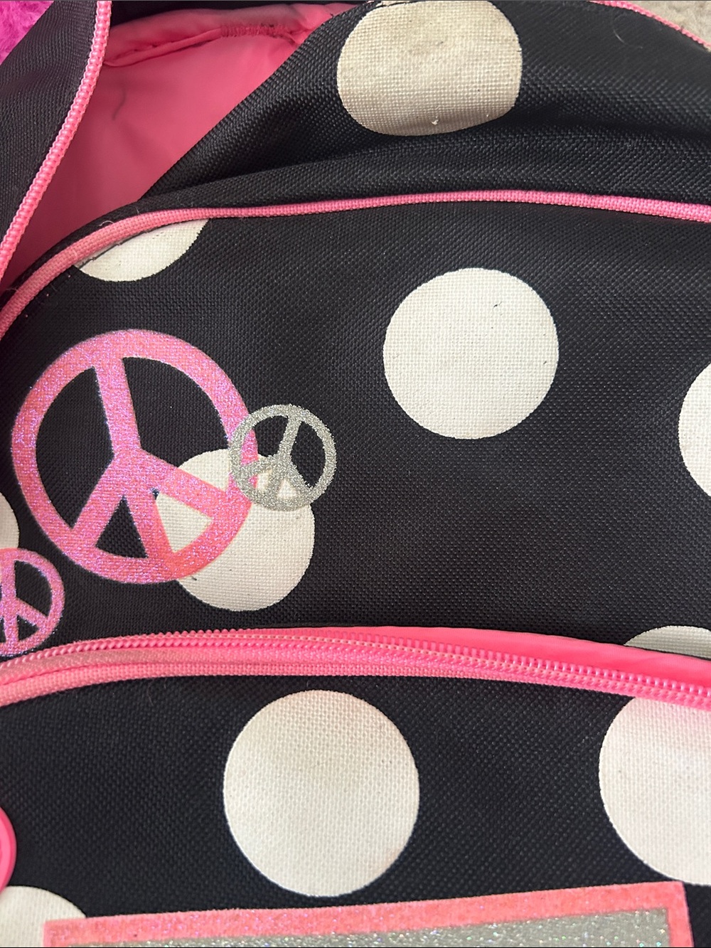 ☮️Justice Backpack - Black & Pink Polka Dots with Glitter J ☮️ - Picture 14 of 14